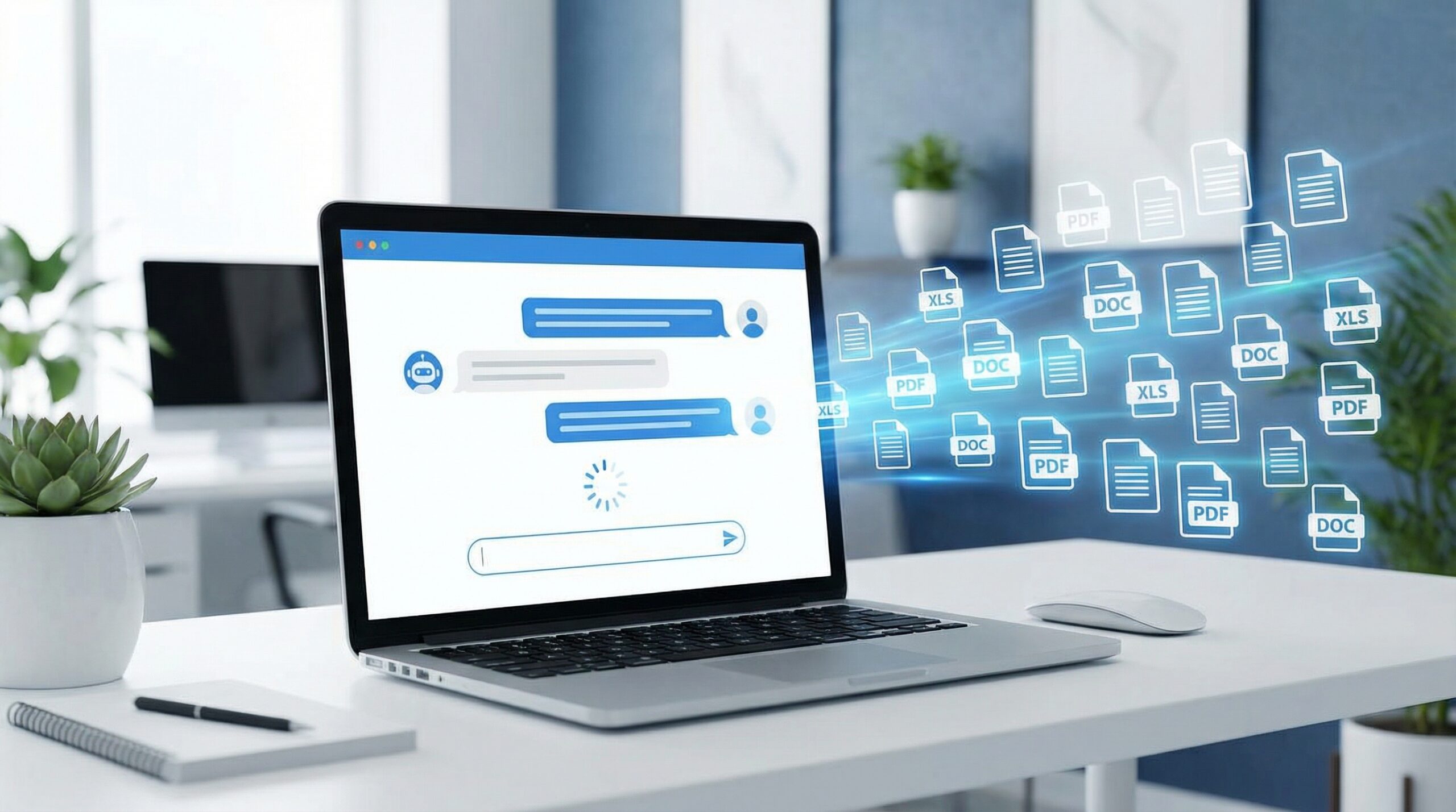 ブログのアイキャッチ画像: オフィスのデスクに置かれたノートPCの画面に、シンプルなチャット型のAIアシスタントのUIが表示されている。画面の横には複数のドキュメントファイルのアイコンが浮かんでおり、