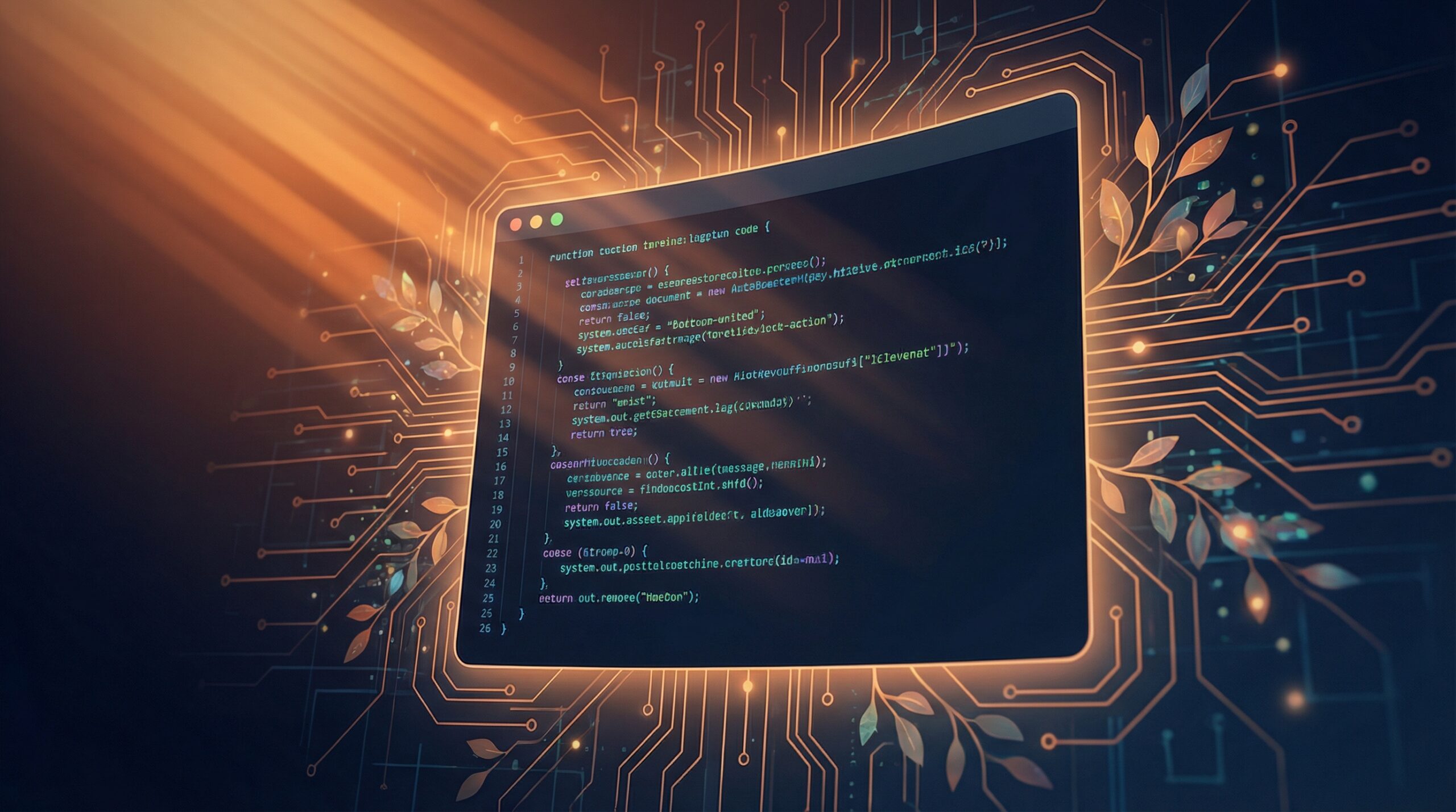 ブログのアイキャッチ画像: ダークなターミナル画面にコードが流れ、Anthropicのロゴカラー(オレンジ系)の光が差し込んでいる。AIとターミナルが融合したモダンなイメージ。Claude Code の初心者向けガイドにふさわしいクリーンで親しみやすいデザイン。