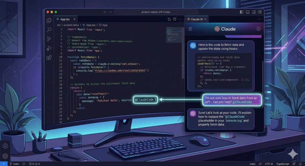 VSCodeのコードエディタ内でClaudeの@メンション機能を使っている画面