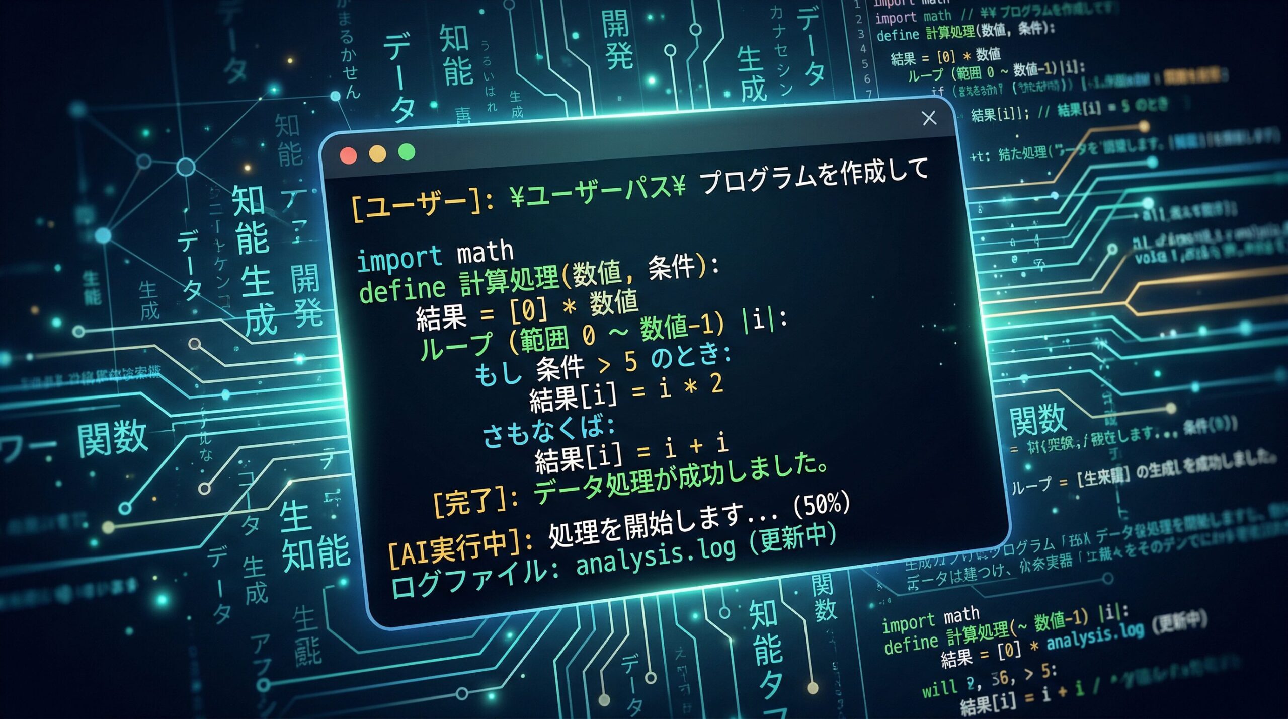 Claude Code 日本語での操作をイメージしたアイキャッチ画像: ターミナル画面に日本語のプロンプトとコードが表示されており、日本語とAIの融合を表現したモダンなデザイン。黒いターミナル背景に緑