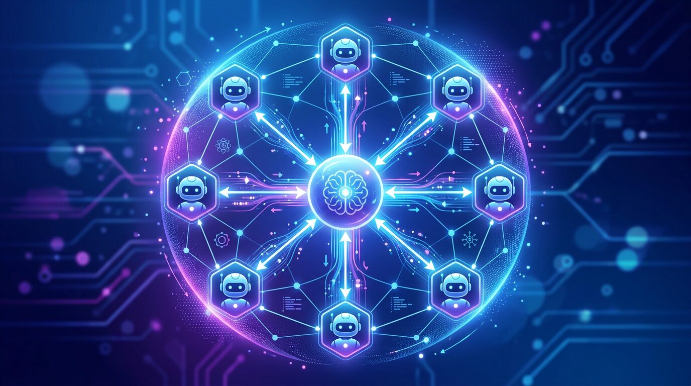 ブログのアイキャッチ画像: 複数のAIエージェントがチームとして協調して作業している様子。ネットワーク状のノードとエッジで接続されたAIアイコンが円形に配置され、中央のリーダーノードから各メンバーへ指