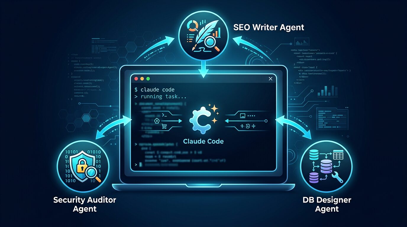 Claude Code カスタムエージェントのアイキャッチ画像: ダークテーマのターミナル画面が中央にあり、その周囲に複数の専門エージェント（SEOライター、セキュリティ監査員、DB設計者）がアイコン