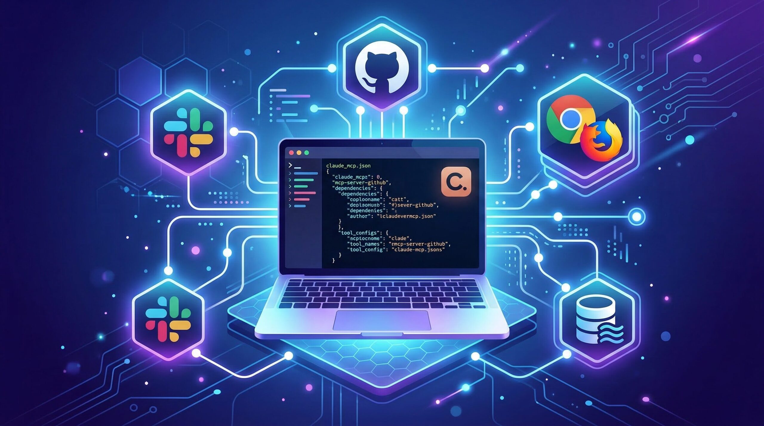 Claude Code MCP サーバー設定をテーマにしたブログアイキャッチ画像。中央にターミナル画面とコードが表示されたノートPC。その周囲にGitHub・データベース・Slack・ブラウザなどのア