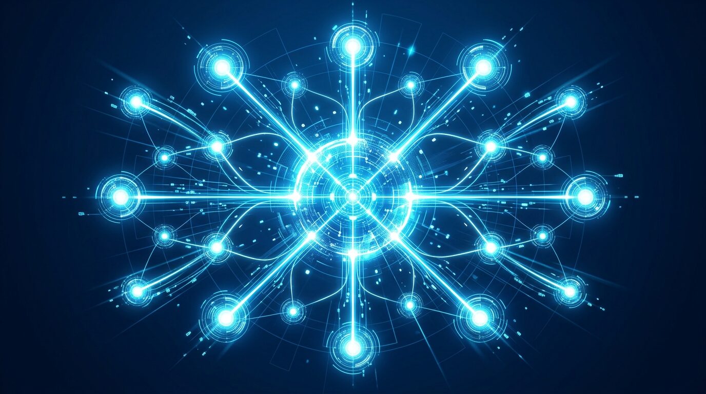 ブログのアイキャッチ画像: 複数のAIエージェントが並列で接続されたネットワーク構造を表す抽象的なデジタルアート。中央に親エージェントを示す大きなノード、周囲に子エージェントを示す複数の小さなノードが
