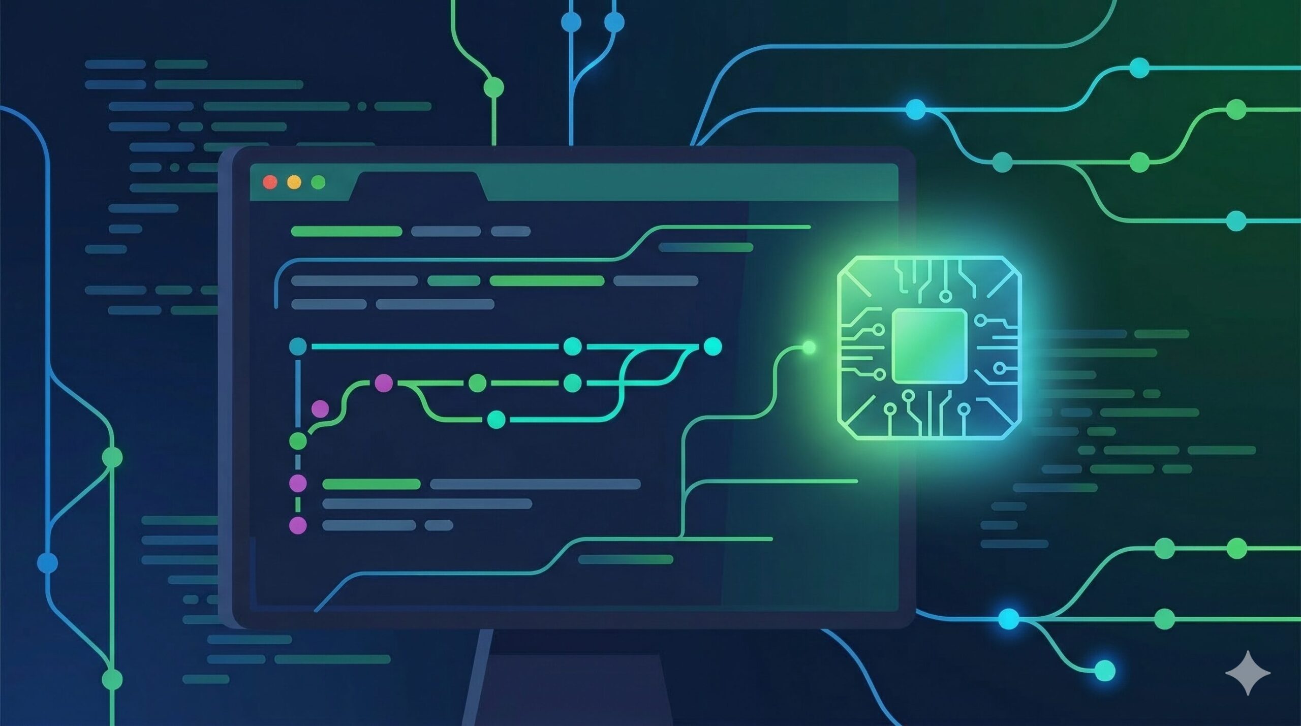 Claude Code git連携のワークフロー全体像を示すダークブルーのテクノロジーイメージ