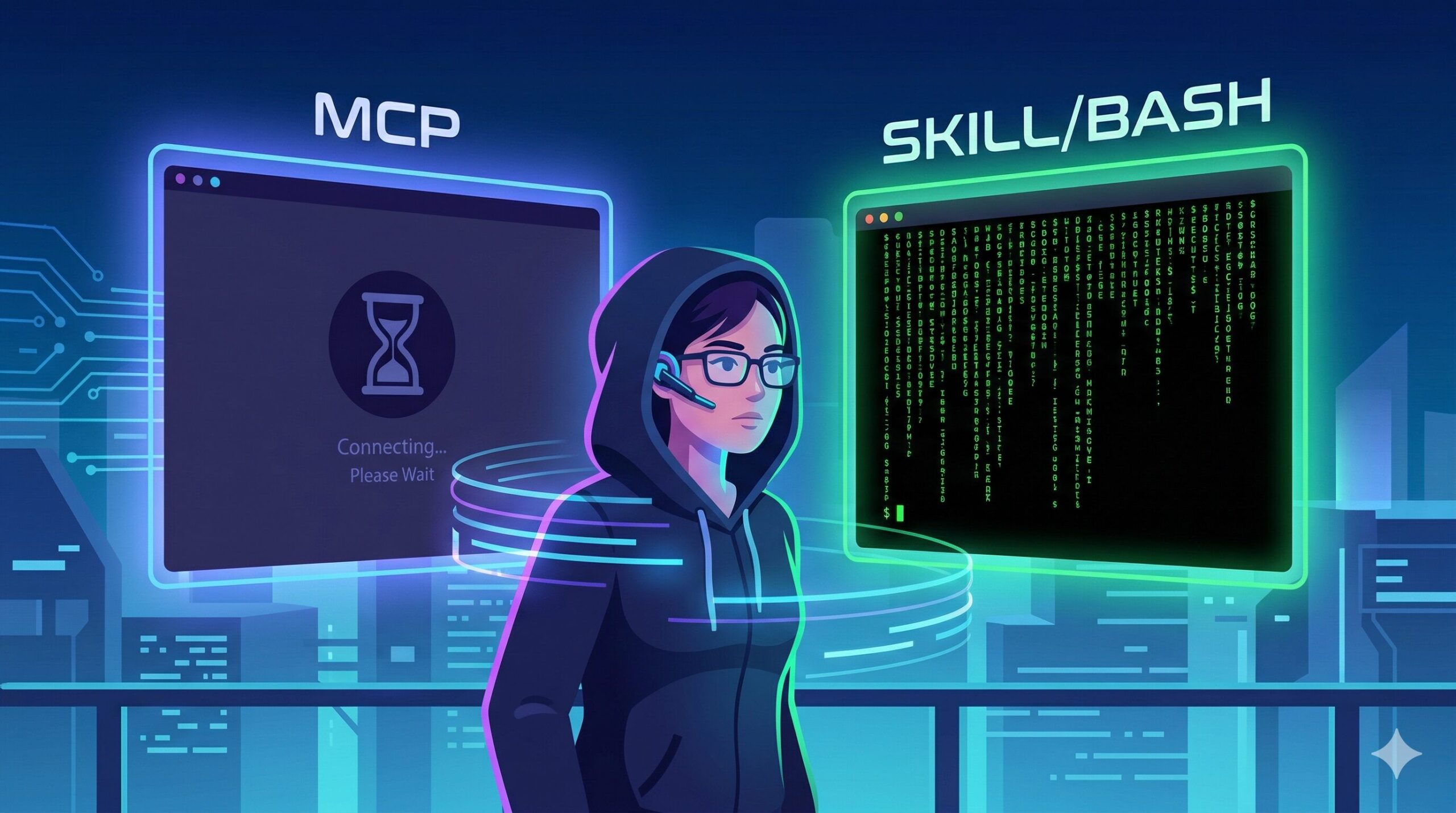 Claude CodeからCodex CLIを呼び出す2つの方法（MCP vs SKILL/BASH）を選ぶ開発者のイメージ