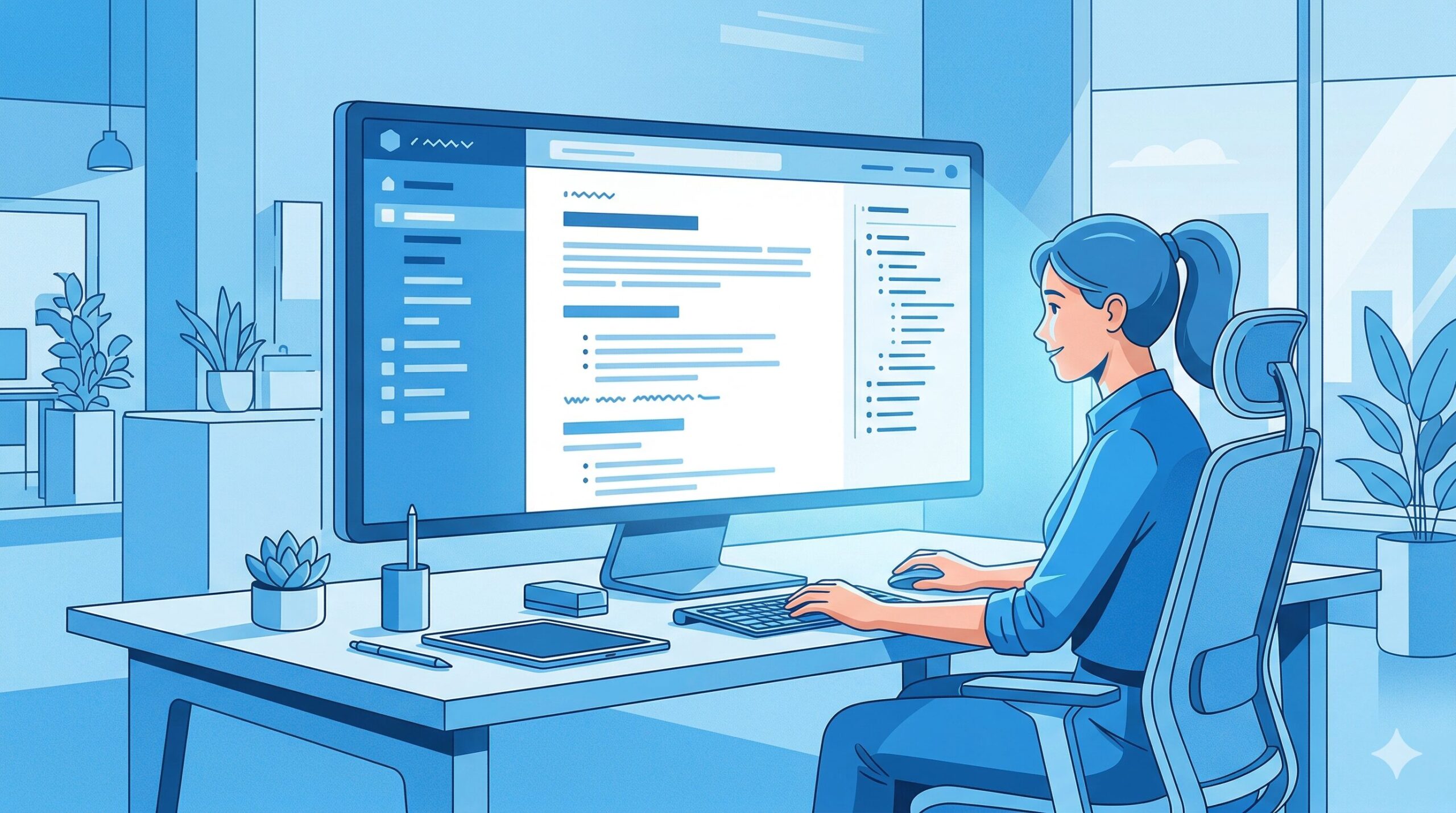 開発者がドキュメント検索システムを操作している様子。左サイドバーと右アウトラインパネルが赤枠でハイライトされた技術ドキュメントサイトが大型モニターに表示されている