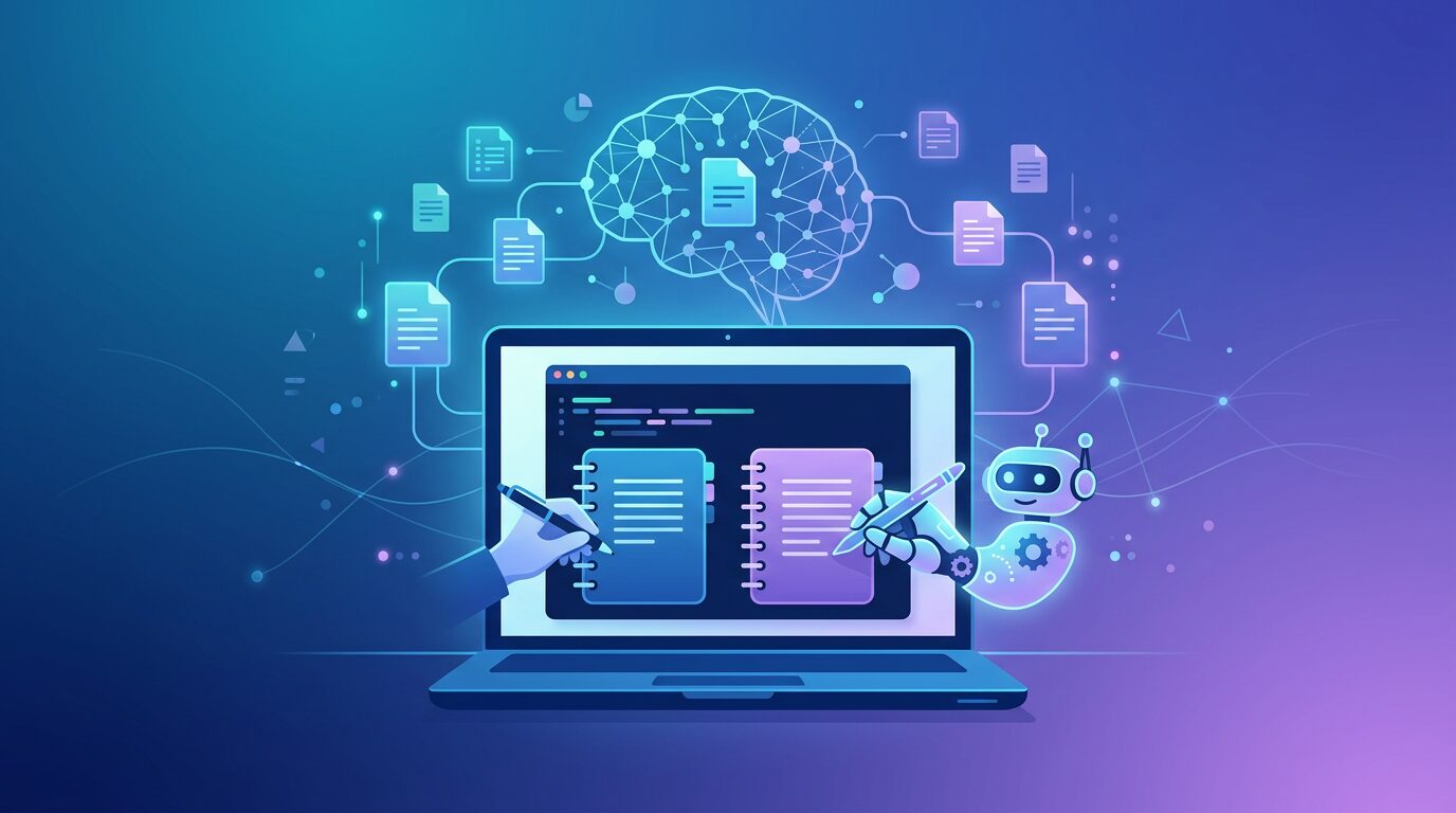Claude Codeのメモリ機能を表すアイキャッチ画像。ノートPCの画面にターミナルが表示されており、2つのノートブックが並んでいる。一方には人間が書き込むペンのアイコン、もう一方にはAIロボットが