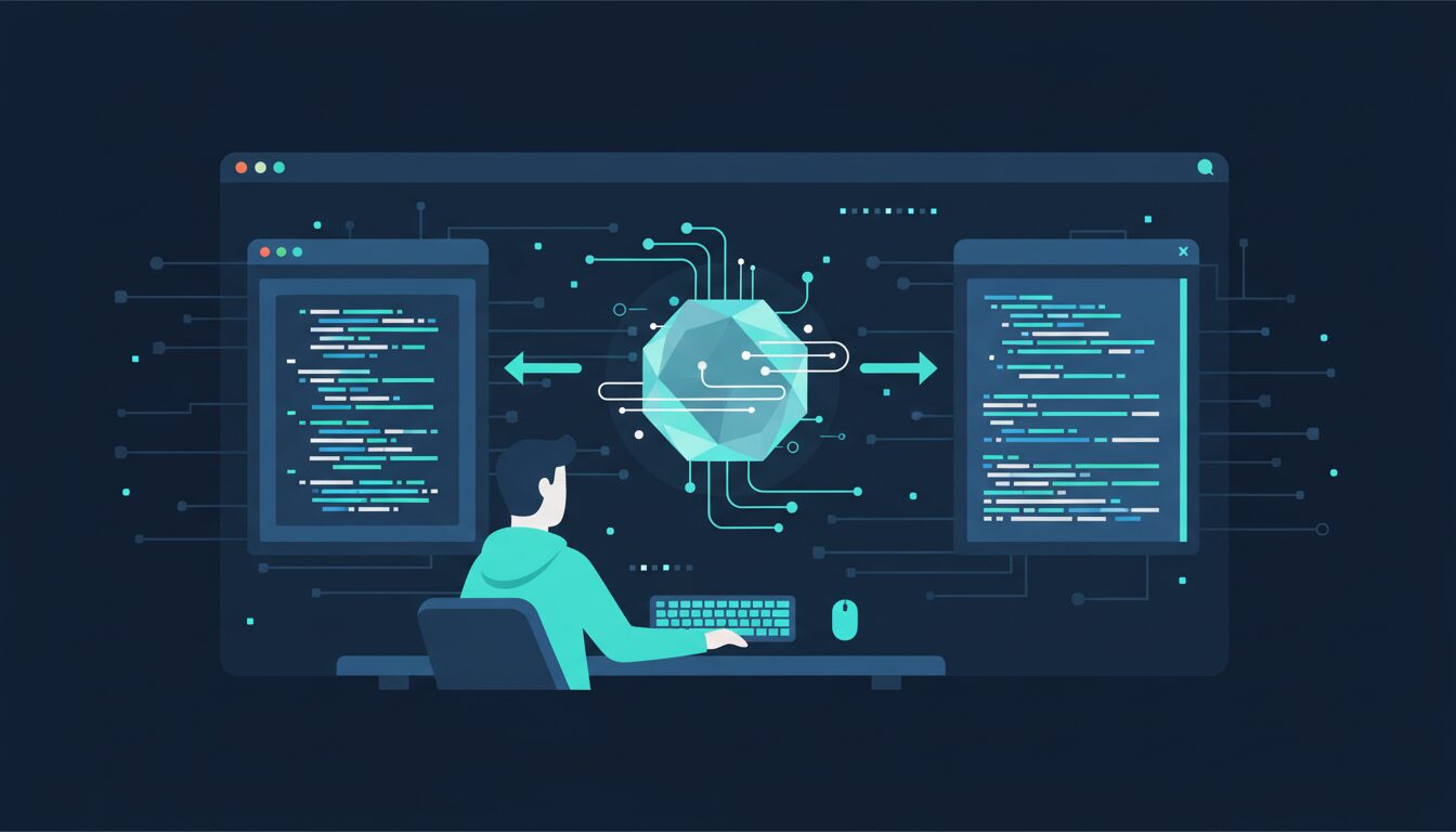 ダークなターミナル画面とAIアシスタント、開発者がコードをやりとりしているイメージ