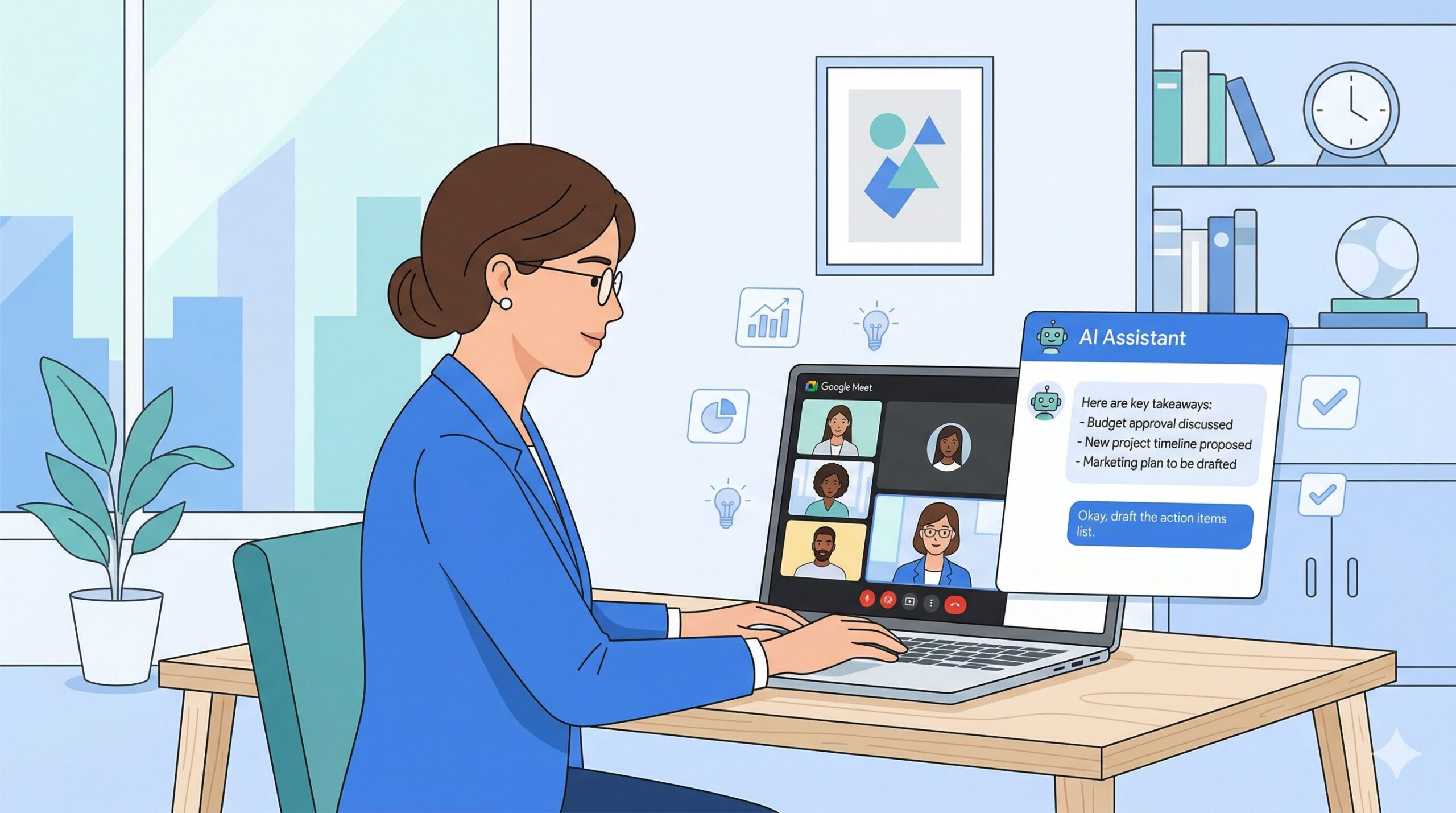Google MeetのGeminiサイドパネルでAI活用する女性プロフェッショナルのフラットイラスト
