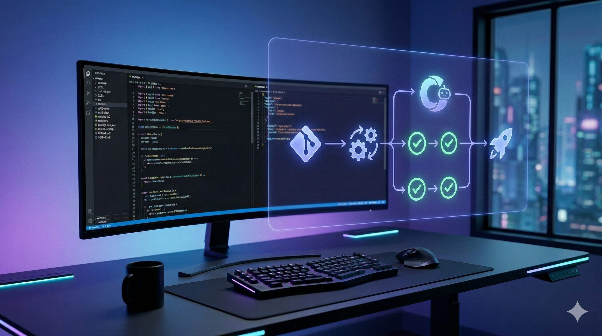 未来的な開発者ワークスペースにGitHub ActionsパイプラインとClaude AIが統合されたビジュアライゼーション