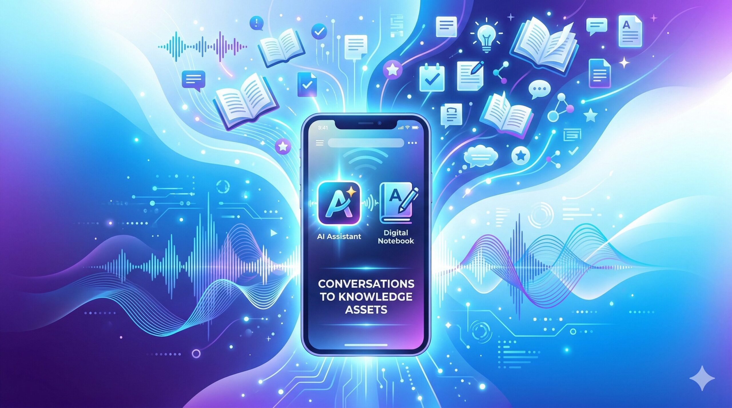 NotebookLM Gemini統合のアイキャッチ：スマホ画面にAIと知識ノートのアイコンが光り輝き、会話が知識資産になる概念を表す青・白・紫のデジタルイラスト