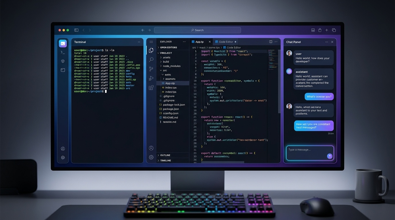 Claude Desktop 新機能のアイキャッチ画像: モダンなデスクトップアプリのインターフェース、左側にターミナルウィンドウ、右側にコードエディタとチャットパネルが並んだワークスペース画面、ダーク