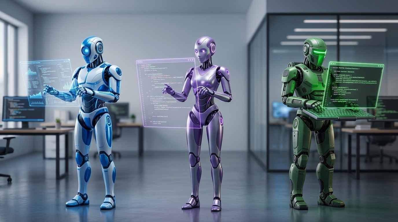 3つのAIコーディングツールを象徴するロボット・エージェント