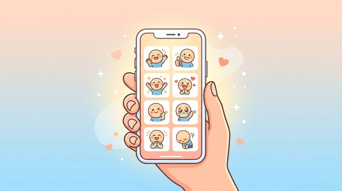 スマートフォン画面にLINEスタンプ風のキャラクターアイコンが8枚並んでいるイラスト