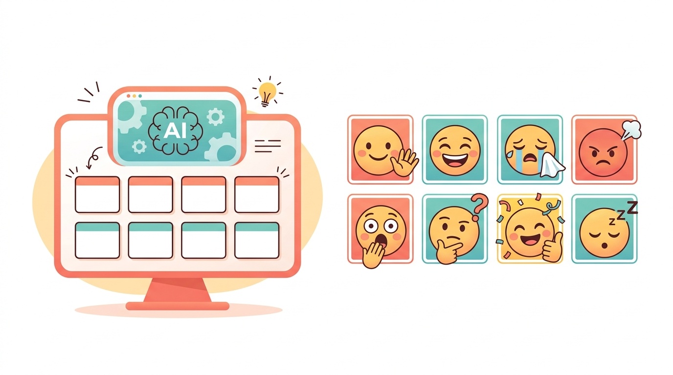 AIが8ポーズのLINEスタンプ案を設計しているイラスト