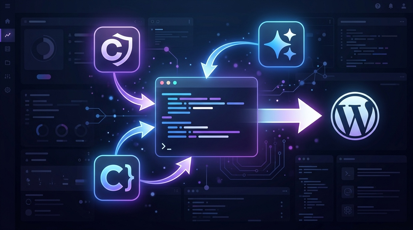 ブログのアイキャッチ画像: ターミナル画面を中心に、Claude・Gemini・Codexのロゴを表すアイコンが連携して矢印でつながれており、最終的にWordPressのロゴに向かうフロー。モダンなダ