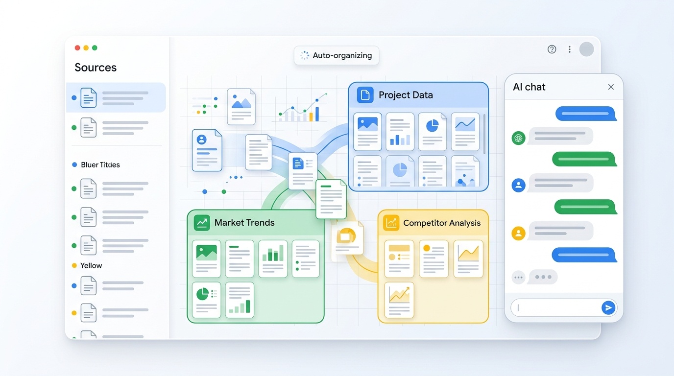 ブログのアイキャッチ画像。NotebookLMのような研究ノート画面をイメージした、複数の資料カードが自動でラベル分けされて色付きグループに整理される様子。左側にSourcesパネル風のリスト、右側に