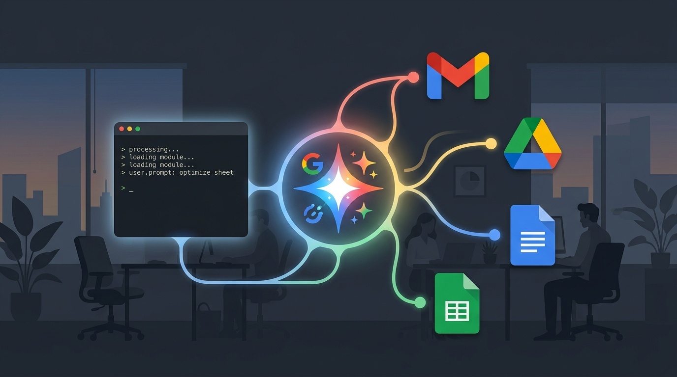 ブログのアイキャッチ画像: ターミナル画面とGoogleのカラフルなアイコン群（Drive・Docs・Sheets・Gmail）が有機的につながっているイメージ。中央にAIアシスタントのシンボルが輝い