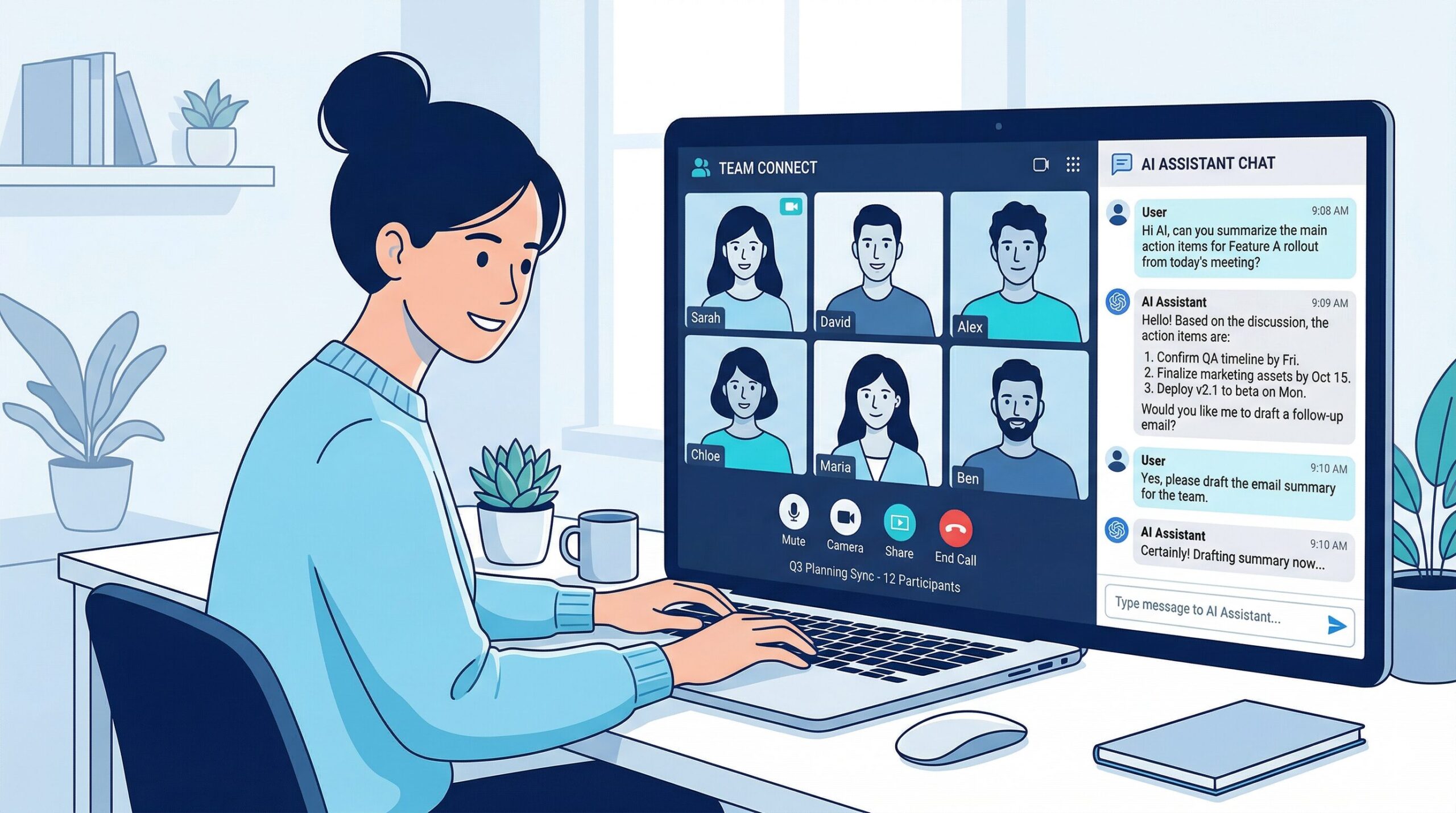 Google Meet Geminiサイドパネルで会議中にAIと対話しているエンジニアのイメージ