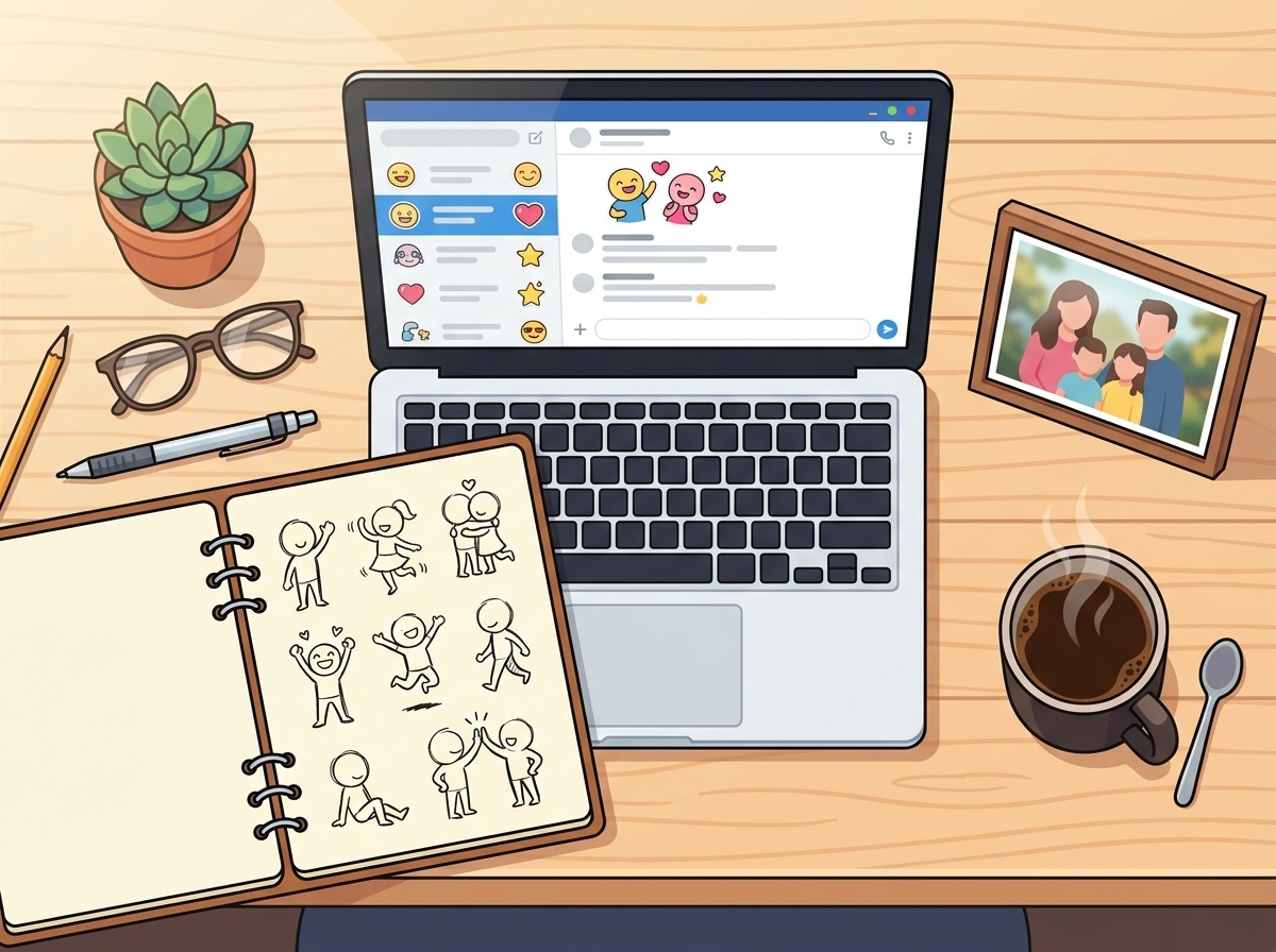 家族写真を参考にノートに8ポーズのスタンプ案をスケッチし、ラップトップで確認しているデスクの俯瞰イラスト