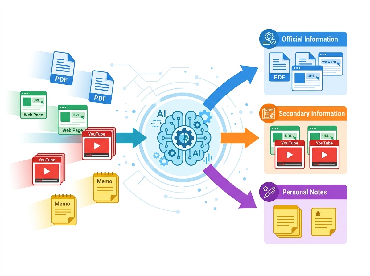 NotebookLM ソース グルーピングで資料が自動分類されるイメージ