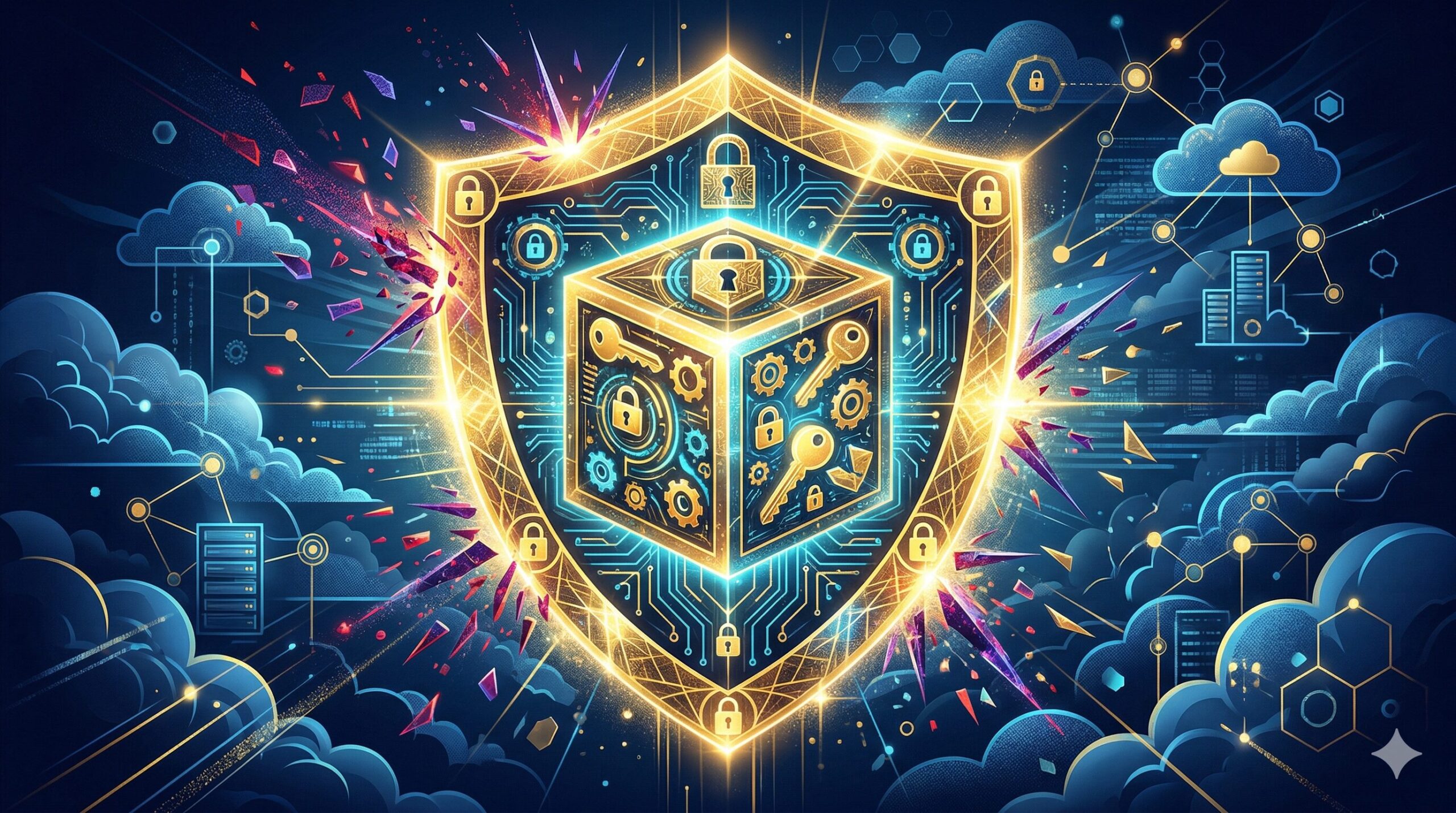 クラウド環境でAPIキーとシークレットをシールドが守るセキュリティのイメージ図