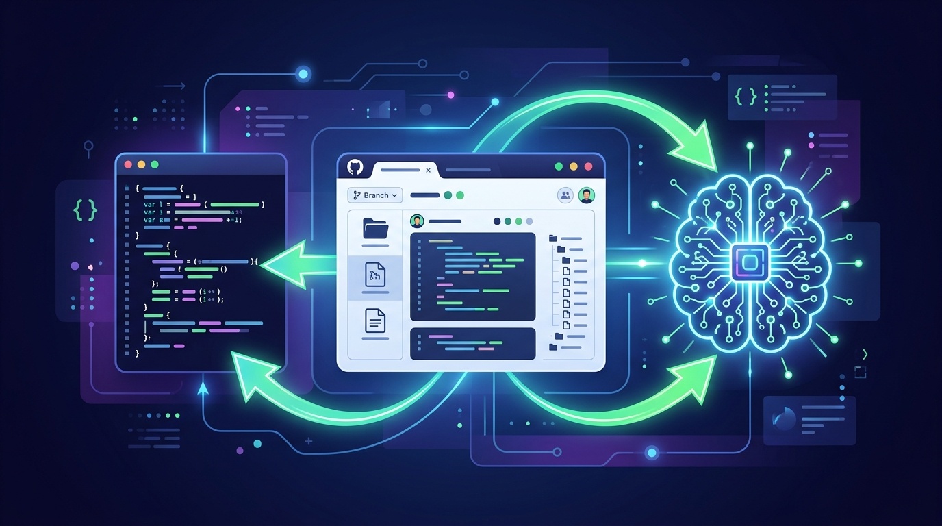 A modern tech illustration showing three AI coding tools working together in harmony. A terminal win