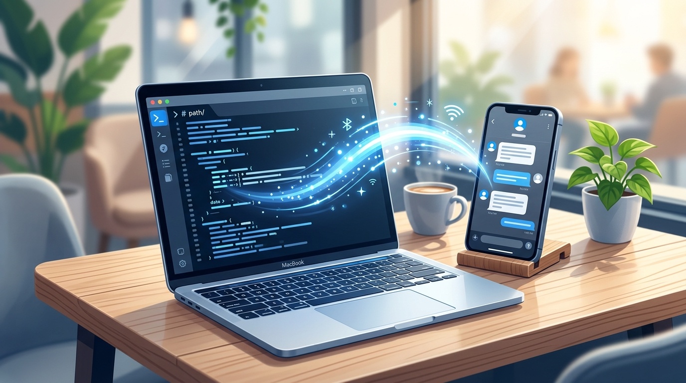 ブログのアイキャッチ画像: 木製デスクの上に置かれた MacBook と、その横で立てかけられた iPhone。iPhone の画面には抽象的なチャットUIが表示され、Mac の画面にはターミナル風の