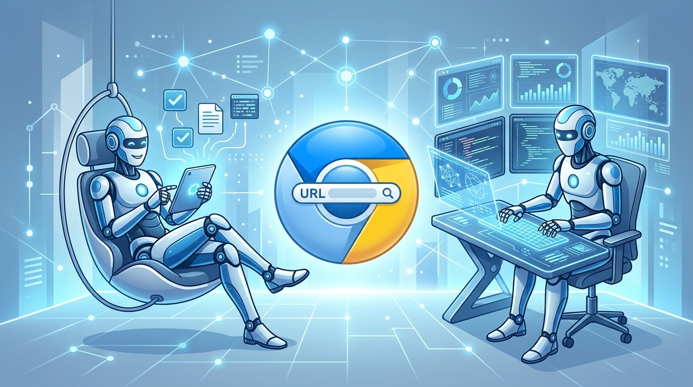 ブログのアイキャッチ画像: ChromeブラウザのアイコンとAIエージェントの2体が並んでいる。左のAIはタスクを投げてリラックスしているシーン、右のAIはモニターを凝視して操作しているシーン。デジタ