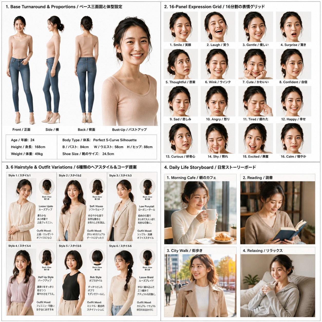GPT-Image-2で1枚のキャンバスに詰め込んだ際の失敗例。ヘアスタイル&コーデパネル(Image 3)だけ別人になっている