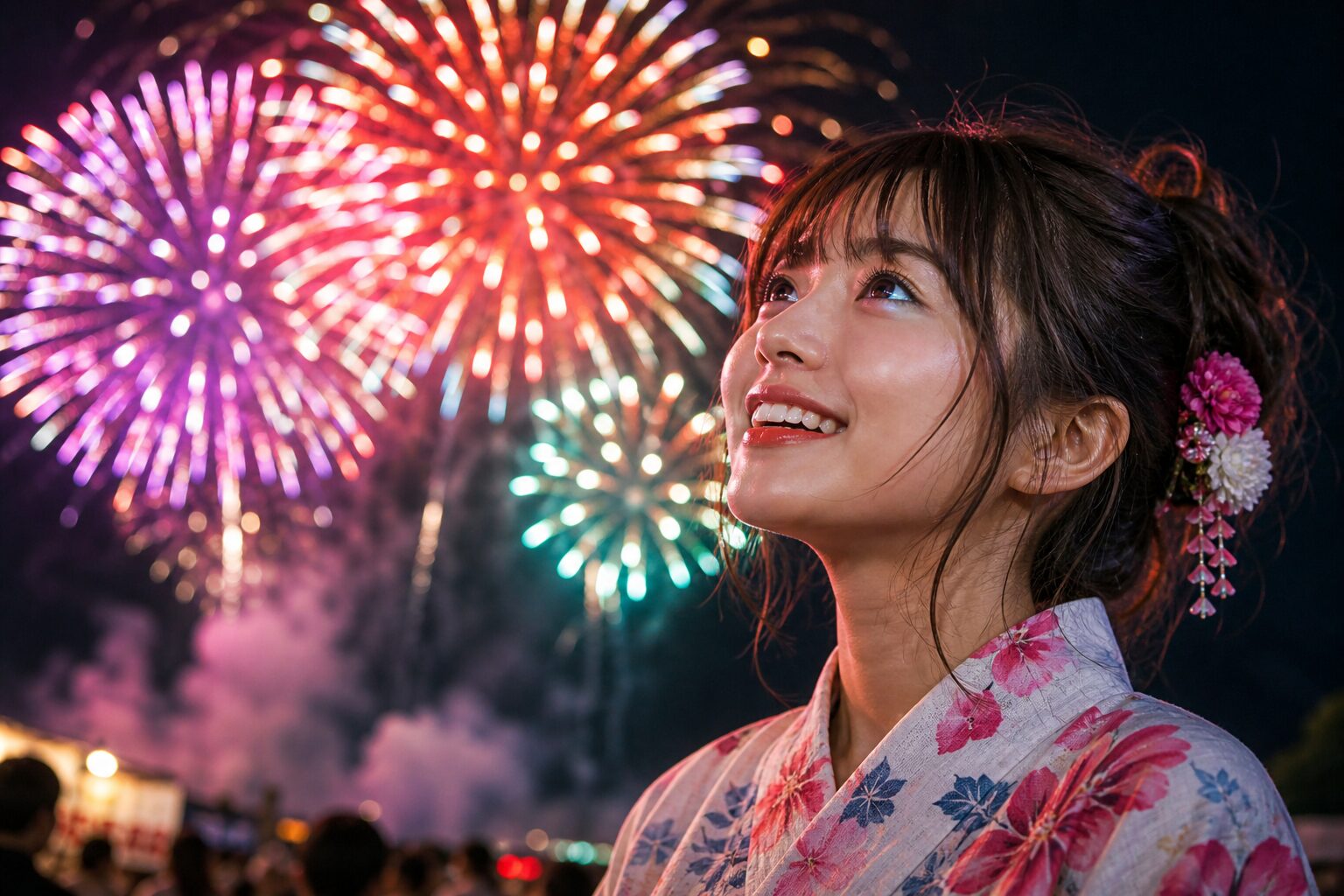 GPT-Image-2で生成した浴衣姿の女性と花火。完成したキャラクターの日常シーン例