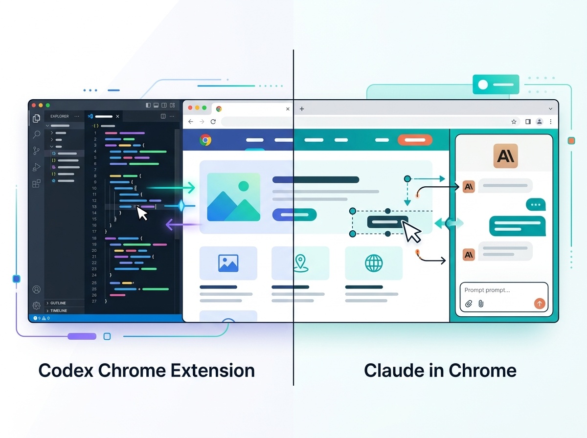 Codex Chrome拡張とClaude in Chromeのブラウザ操作AIを比較するイメージ