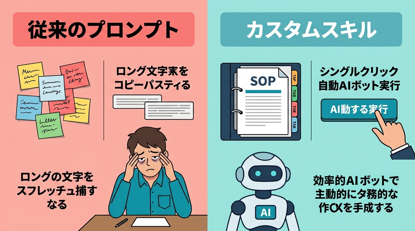 図解: 従来のプロンプトコピペ運用とGemini Sparkカスタムスキルの比較図解