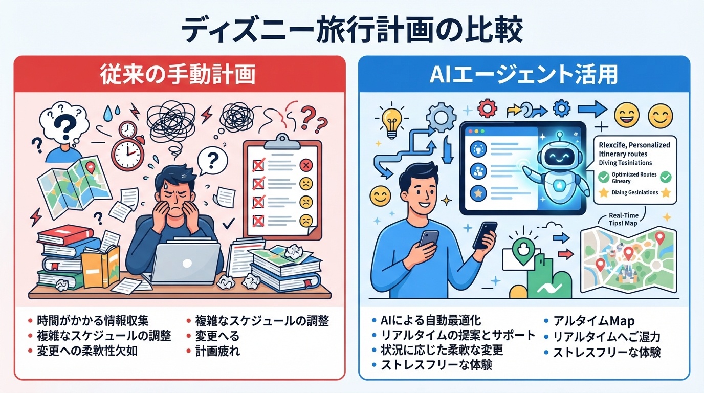 図解: 従来の手動計画 vs AIエージェント活用