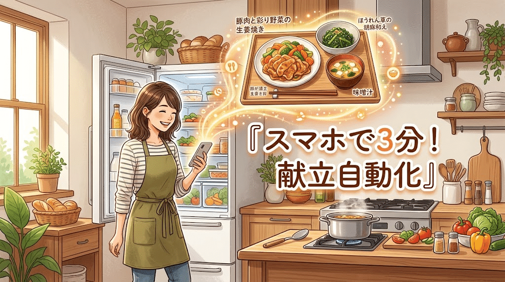 アイキャッチ: 【スマホで3分】ChatGPTで毎日の献立決め＆買い物リスト作成を自動化する魔法のプロンプト術！冷蔵庫の余り物から栄養満点メニューを即提案