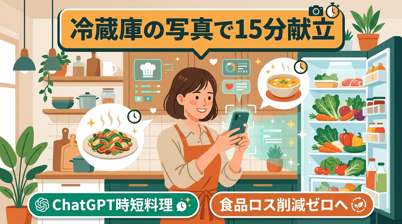 アイキャッチ: 【冷蔵庫の写真を撮るだけ】今日のご飯が決まらない…を3分で解決！ChatGPTで残り食材から15分献立＆買い物リストを自動提案する魔法のプロンプト