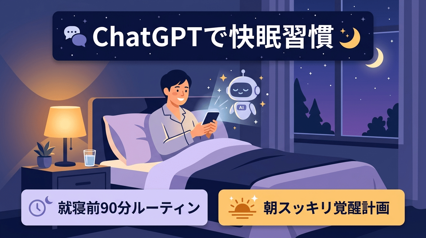 アイキャッチ: 【寝る前スマホをやめられない人へ】ChatGPTで毎日の睡眠が劇的改善！3分で作る「快眠ナイトルーティン＆朝スッキリ目覚め計画」魔法のプロンプト術