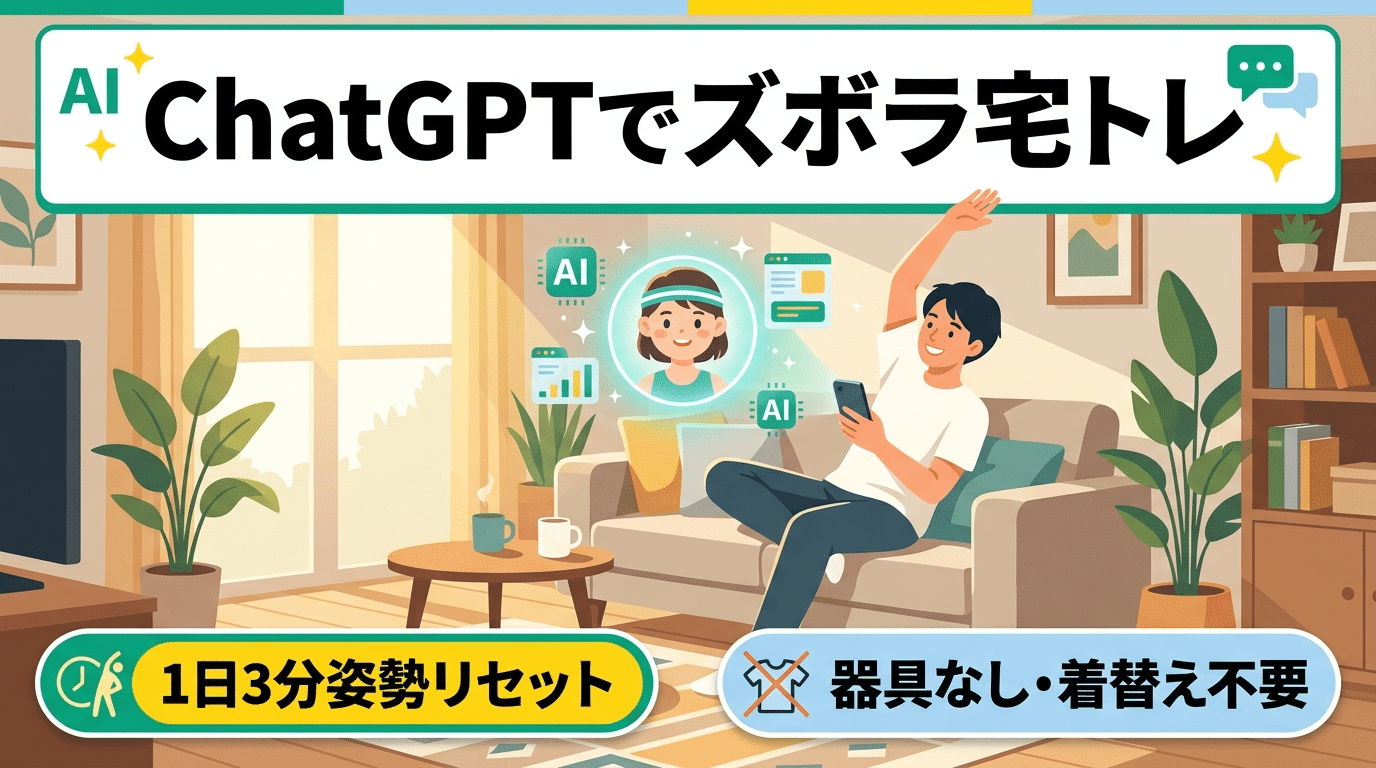 アイキャッチ: 【運動ギライ・多忙でも続く】ChatGPTで毎日の健康が劇的改善！1日3分で作る「ズボラ専用・宅トレ＆姿勢リセット」魔法のプロンプト術