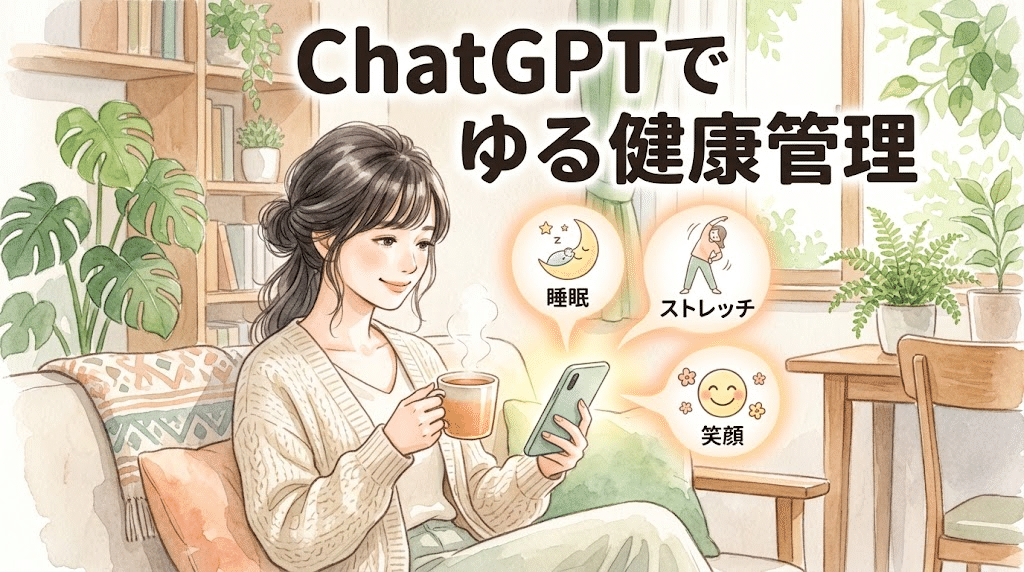 アイキャッチ: 【スマホでゆる健康管理】ChatGPTを「専属ヘルスケアコーチ」にする！睡眠改善・デスクワーク疲労予防・体調メモから不調のサインを見つける魔法のプロンプト術