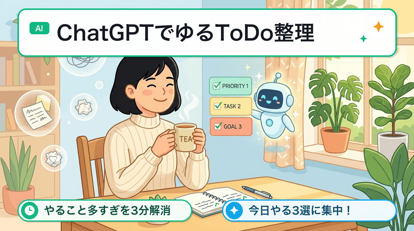 アイキャッチ: 【やること多すぎパニックを3分で解消】ChatGPTで頭の中の散らかったタスクをスッキリ整理！優先順位づけ＆今日やること3選に絞る「ゆるToDo」魔法のプロンプト術