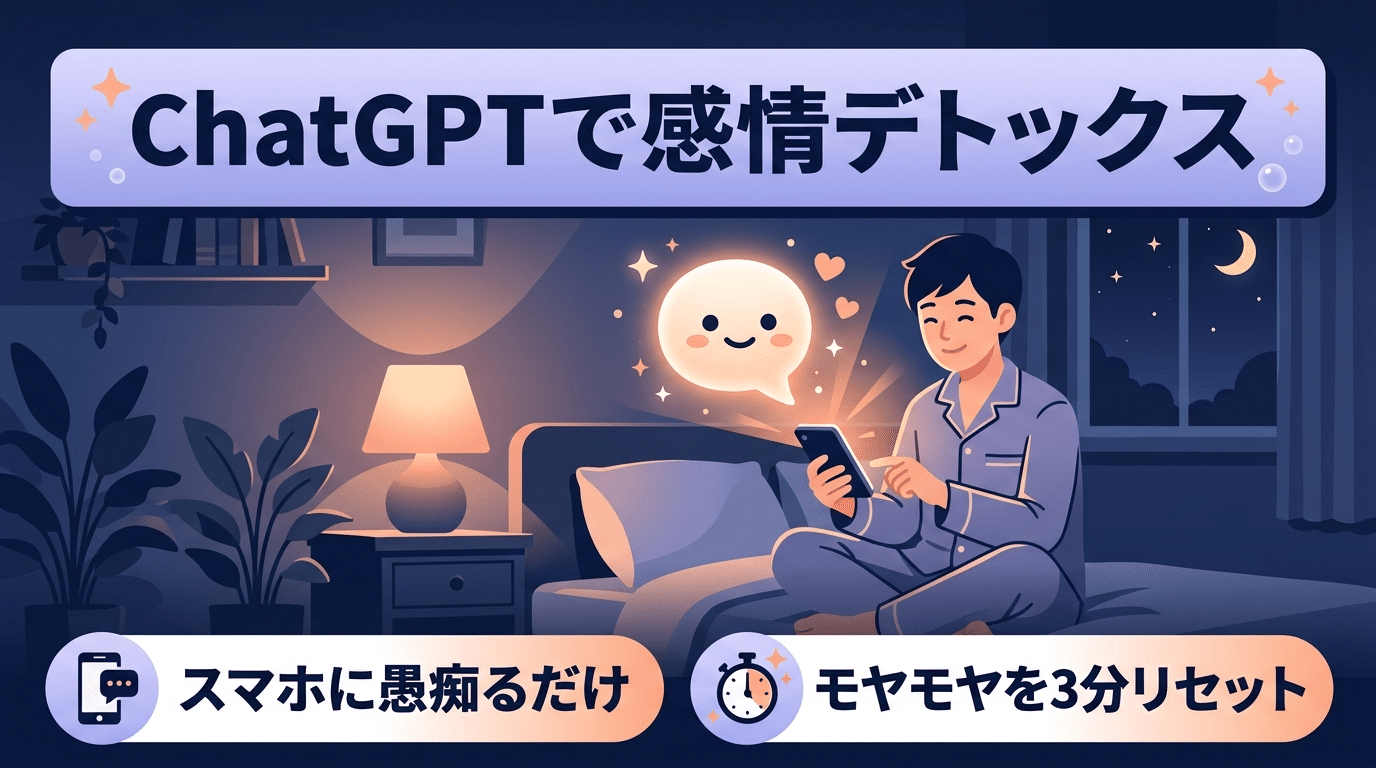 アイキャッチ: 【スマホに愚痴るだけ】ChatGPTで1日のモヤモヤ・ストレスを完全リセット！誰にも言えない本音を受け止める「3分間・AI感情デトックス日記＆思考整理術」