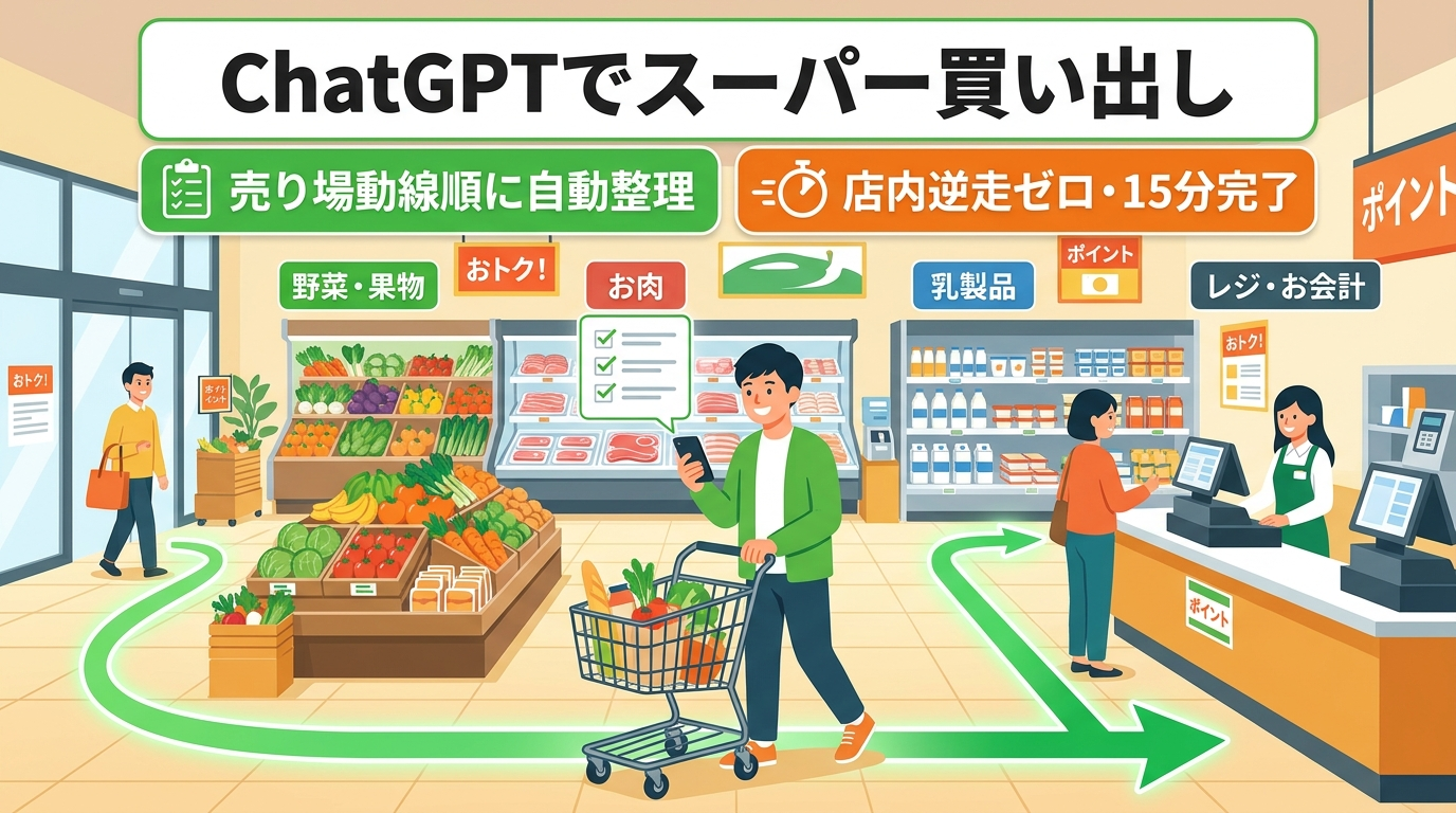 アイキャッチ: 【買い出しの無駄足をゼロに！】スーパーの売り場動線順に自動整理！ChatGPTでつくる「1週間献立＆時短買い物リスト」