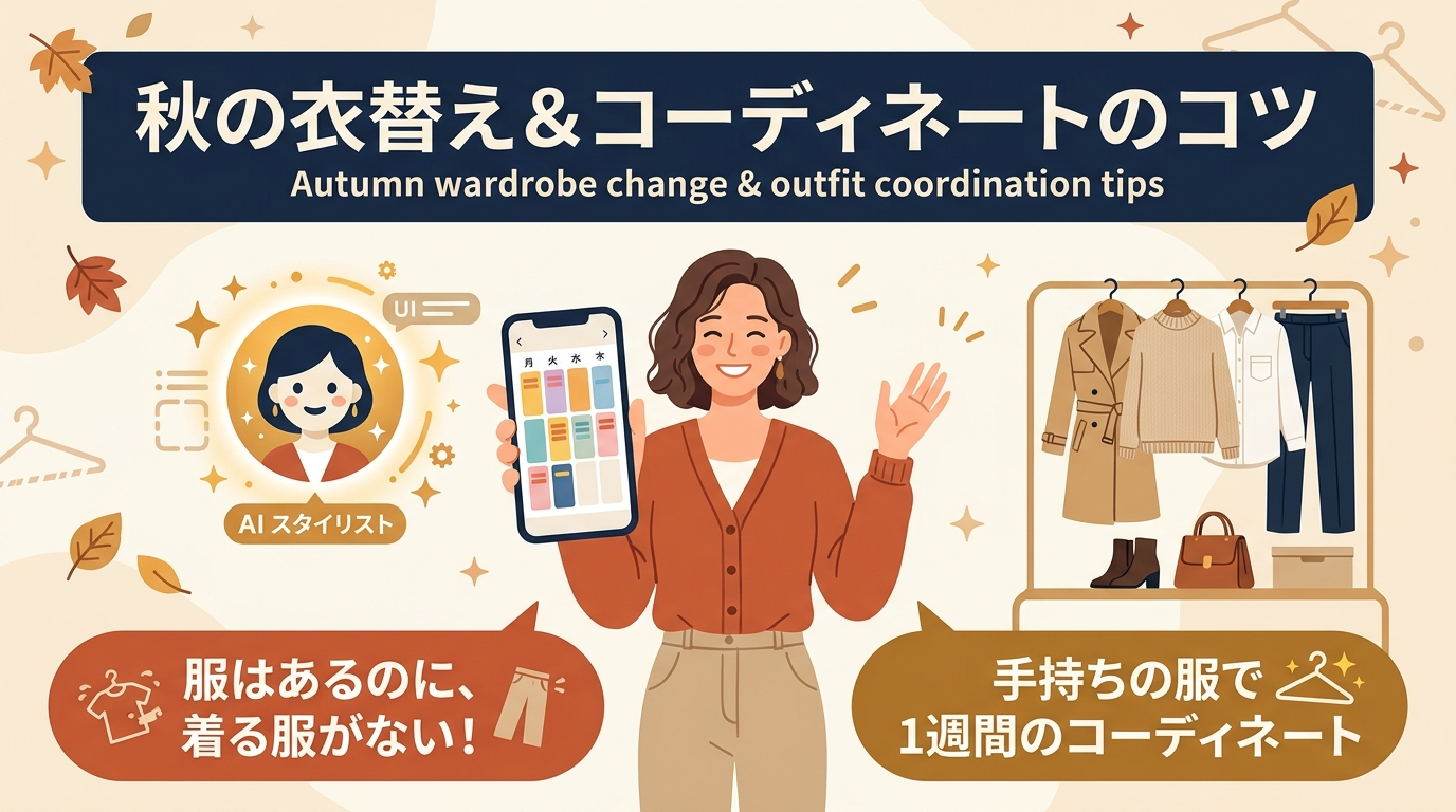 アイキャッチ: 【服はあるのに着る服がない！】ChatGPTで秋の衣替え＆1週間着回しカレンダー！毎朝のコーデ迷子を解消する自分専属スタイリスト術