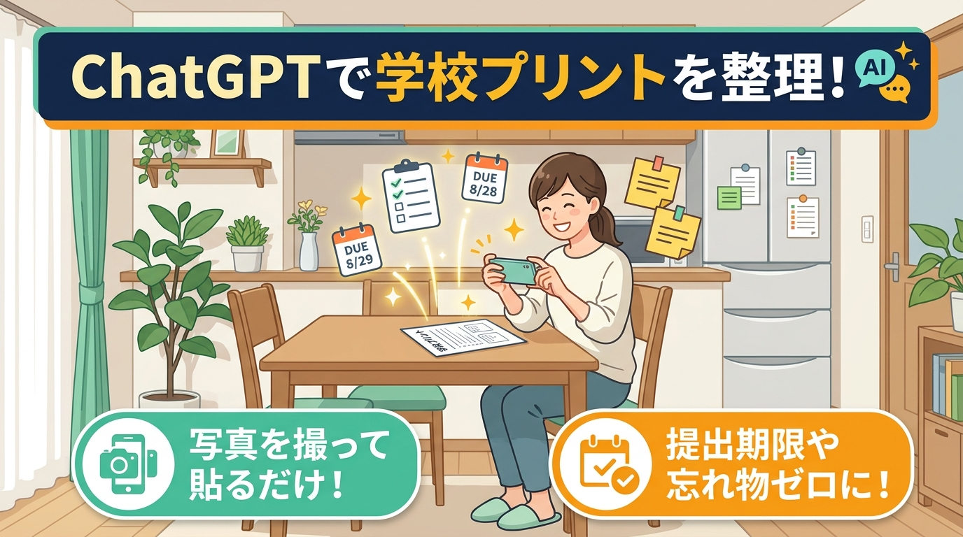 アイキャッチ: 【写真撮って貼るだけ】ChatGPTで学校プリント＆郵便物の山をゼロに！提出期限・持ち物忘れを防ぐ「神速プリント整理術」