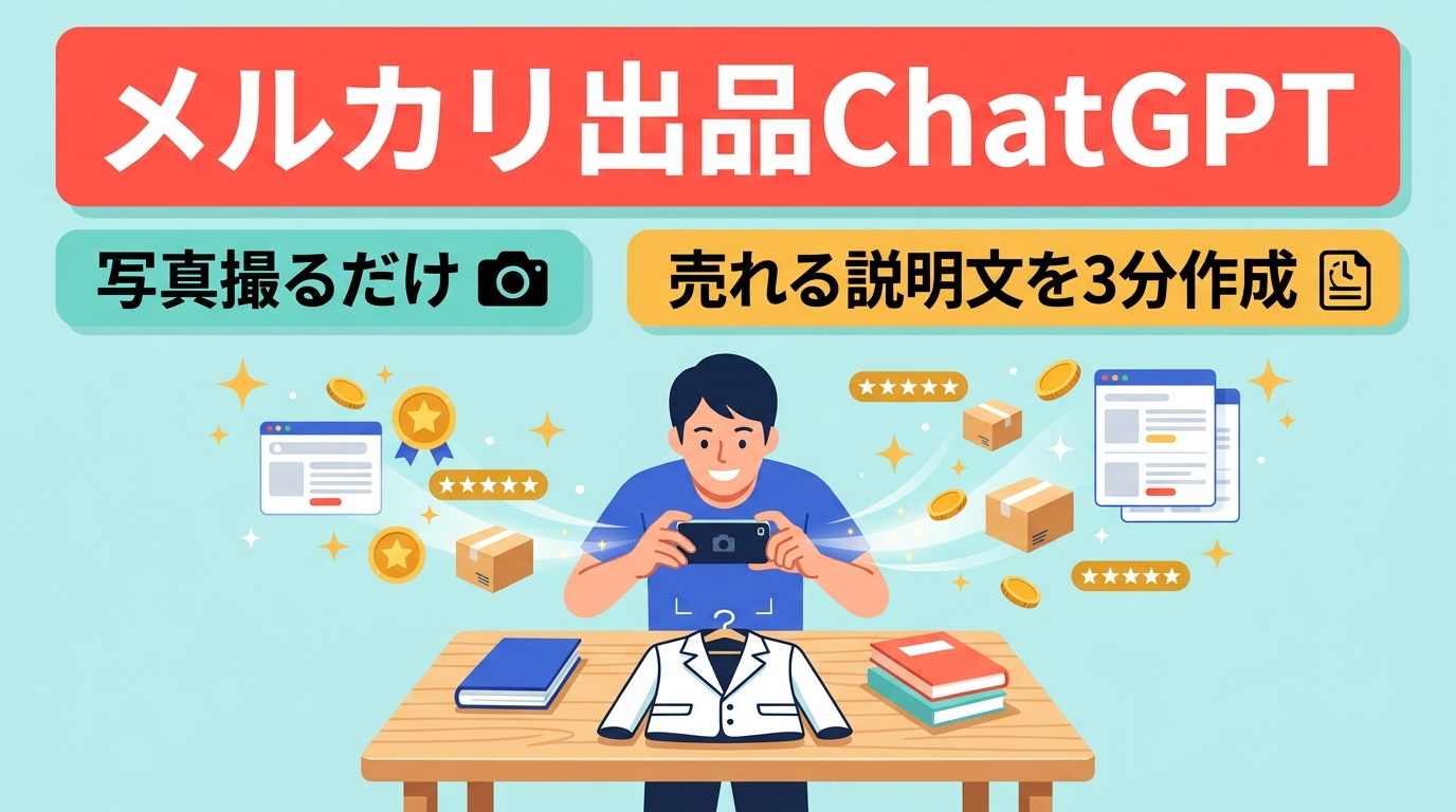 アイキャッチ: 【写真撮るだけ3分出品】ChatGPTでメルカリ・フリマの「売れる説明文」を自動作成！不用品を手間なくお小遣いに変える魔法のプロンプト