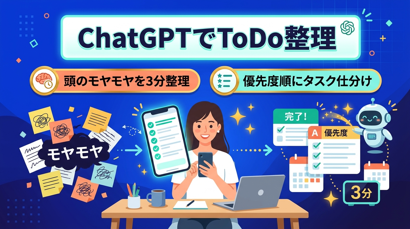 アイキャッチ: 【頭のモヤモヤを3分整理】ChatGPTで「やること多すぎパニック」を即解消！散らかったToDoを優先度順に片付ける魔法のタスク仕分け術