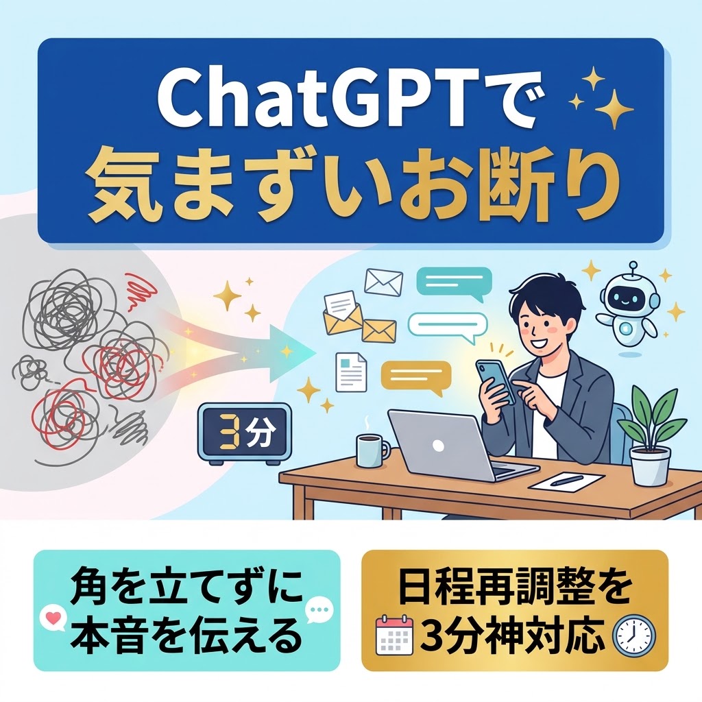 アイキャッチ: 【角を立てずに本音を伝える】ChatGPTで「気まずいお断り＆日程再調整」を即解決！相手も納得する神対応メッセージ作成術