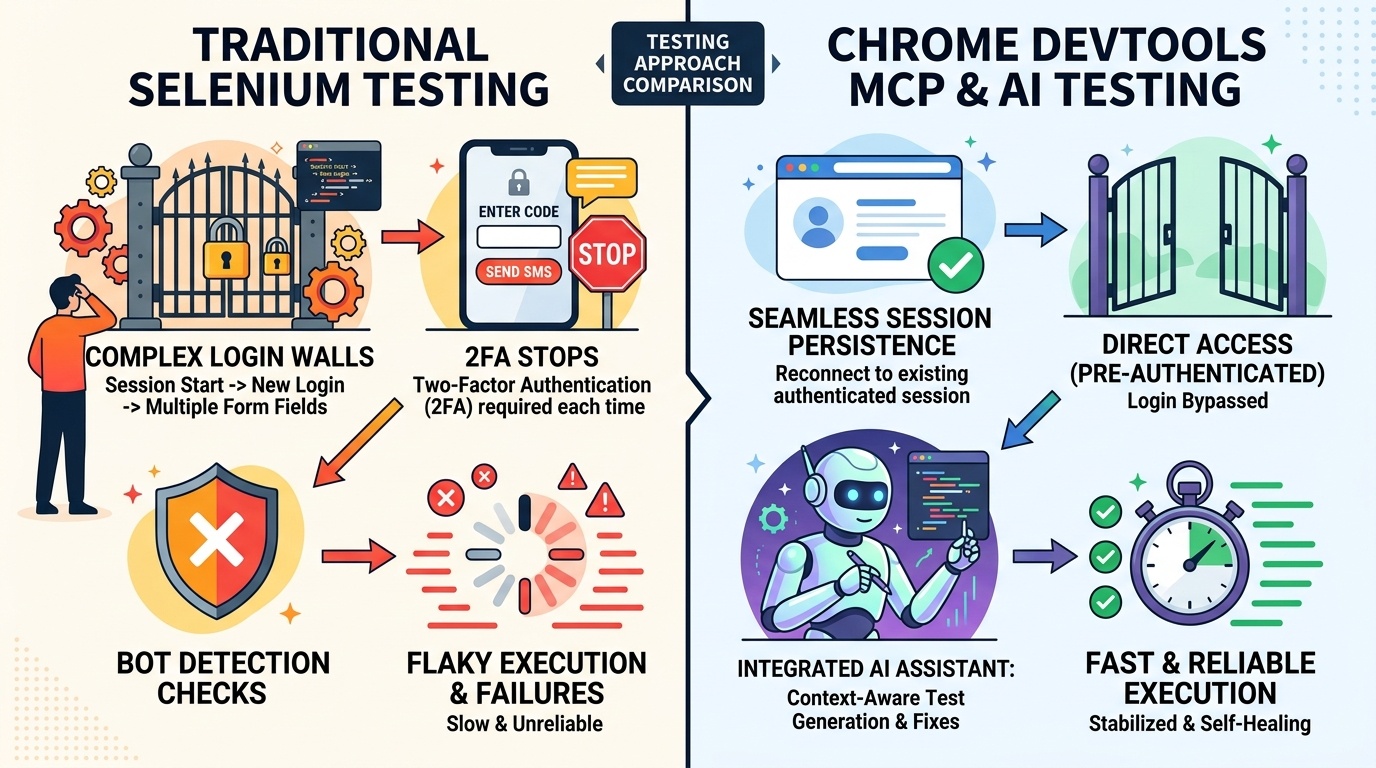 従来の手動ログイン・Selenium自動化 vs Chrome DevTools MCPのセッション永続化構造