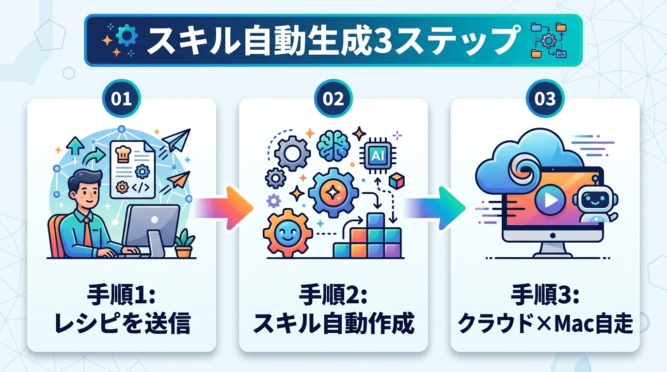 スキル自動生成3ステップ:レシピ送信からクラウド×Mac自走まで